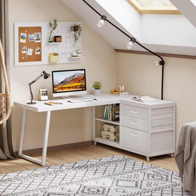 Scrivania reversibile a L con cassetti portadocumenti, scrivania angolare per computer