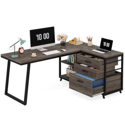 Scrivania reversibile a L con cassetti portadocumenti, scrivania angolare per computer