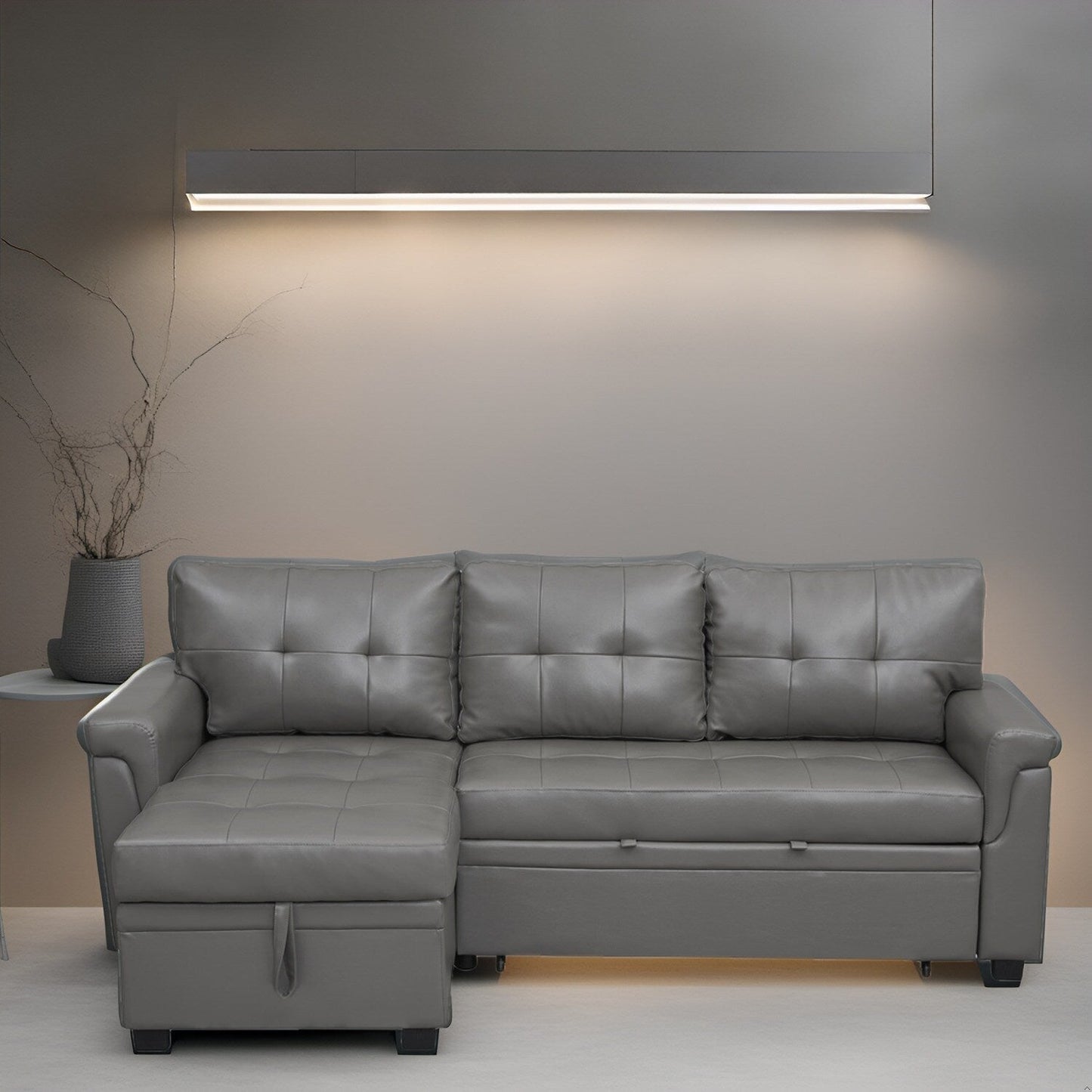 Divano componibile reversibile con letto estraibile, chaise longue con contenitore nascosto, gambe resistenti,