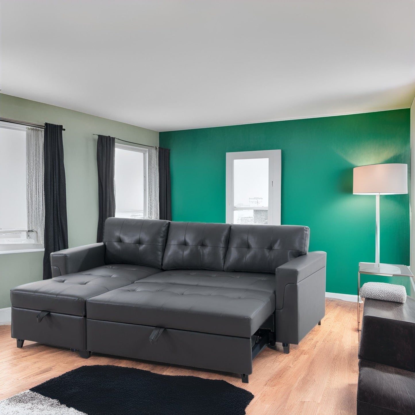 Divano componibile reversibile con letto estraibile, chaise longue con contenitore nascosto, gambe resistenti,