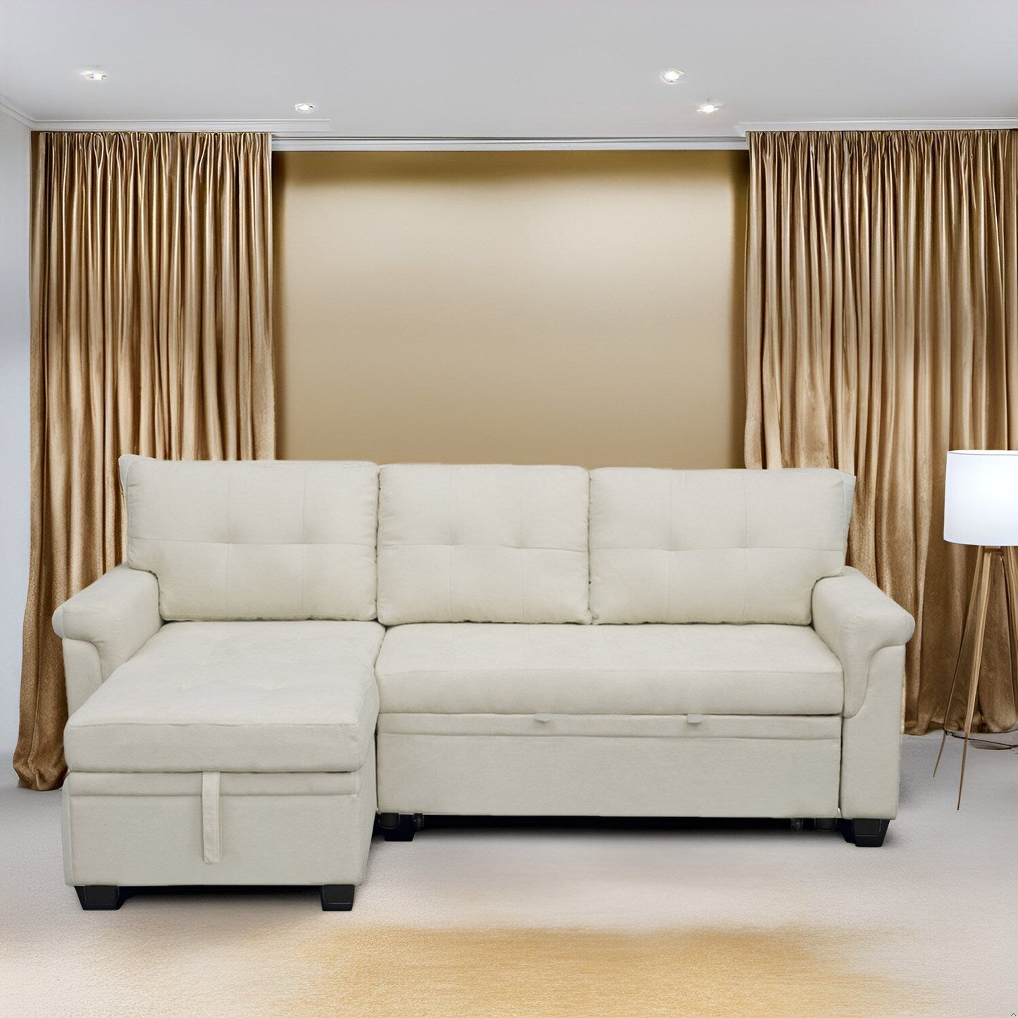 Divano componibile reversibile con letto estraibile, chaise longue con contenitore nascosto, gambe resistenti,