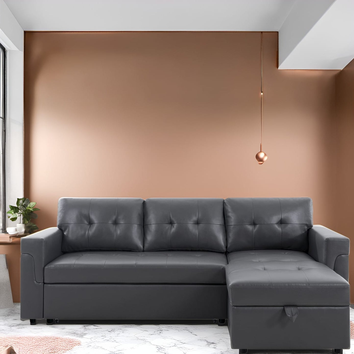 Divano componibile reversibile con letto estraibile, chaise longue con contenitore nascosto, gambe resistenti,