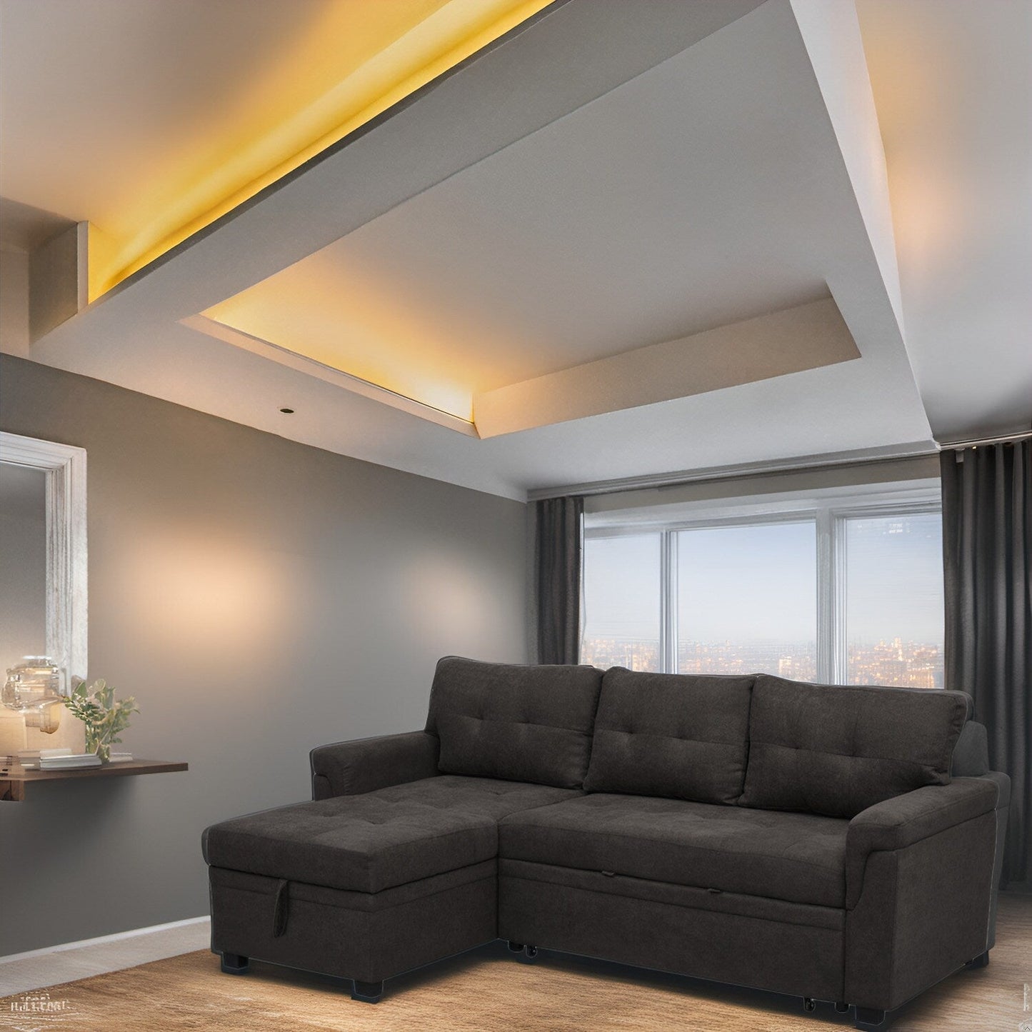 Divano componibile reversibile con letto estraibile, chaise longue con contenitore nascosto, gambe resistenti,