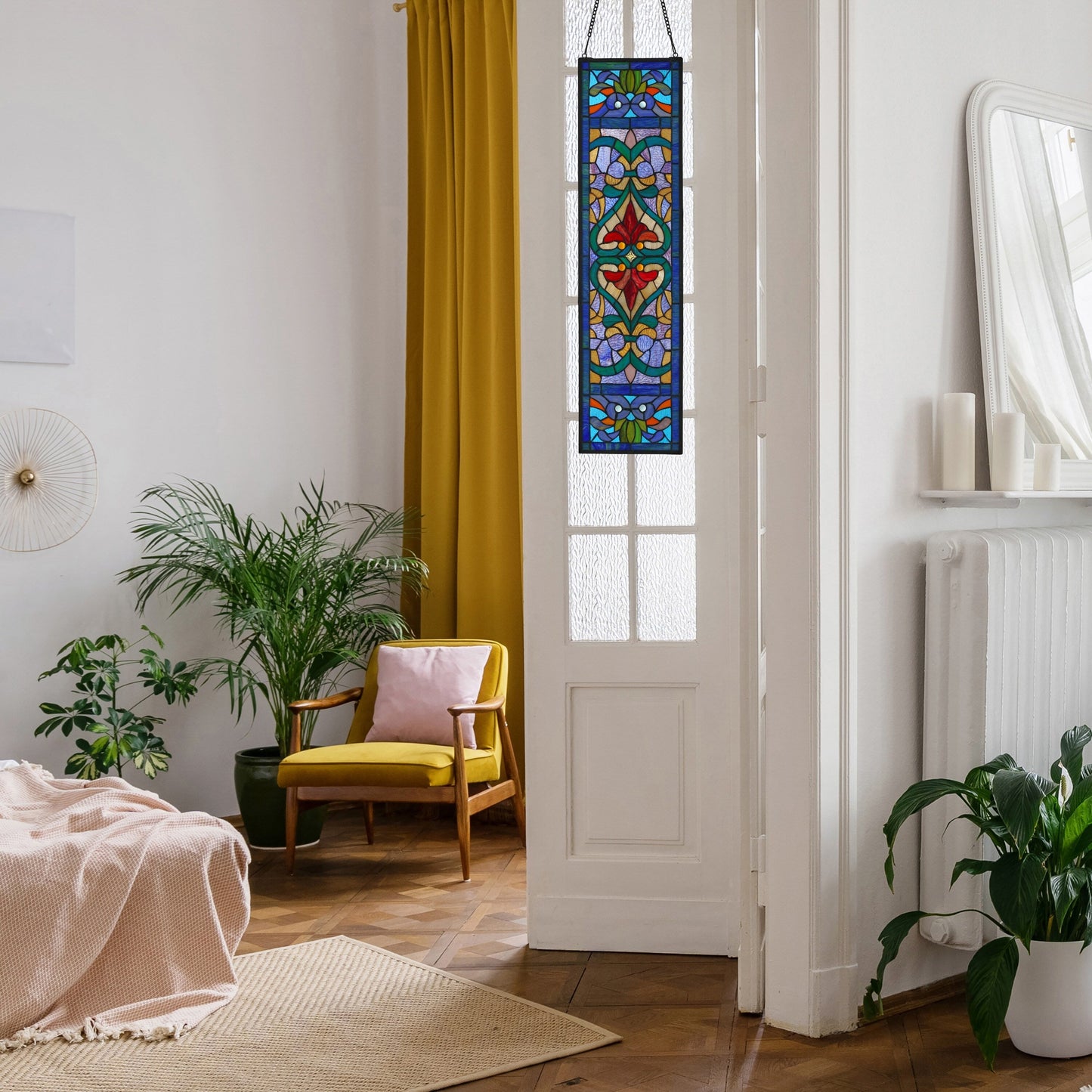 Pannello per finestra in vetro colorato vittoriano con motivo Fleur De Lis River of Goods - 9,5 L x 0,25 W x 36 H