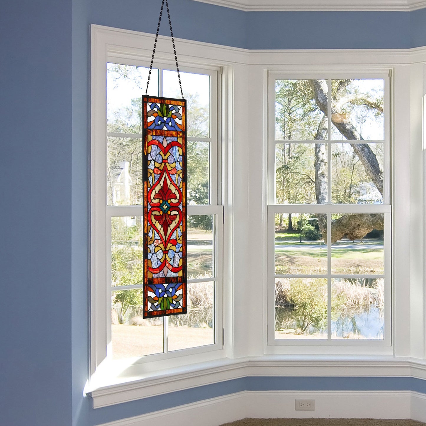 Pannello per finestra in vetro colorato vittoriano con motivo Fleur De Lis River of Goods - 9,5 L x 0,25 W x 36 H