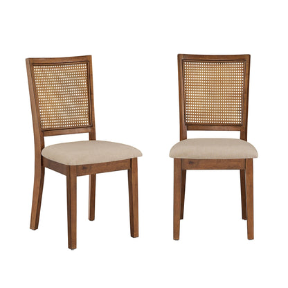 Sedie da pranzo Ronda in lino beige con schienale in rattan (set di 2)