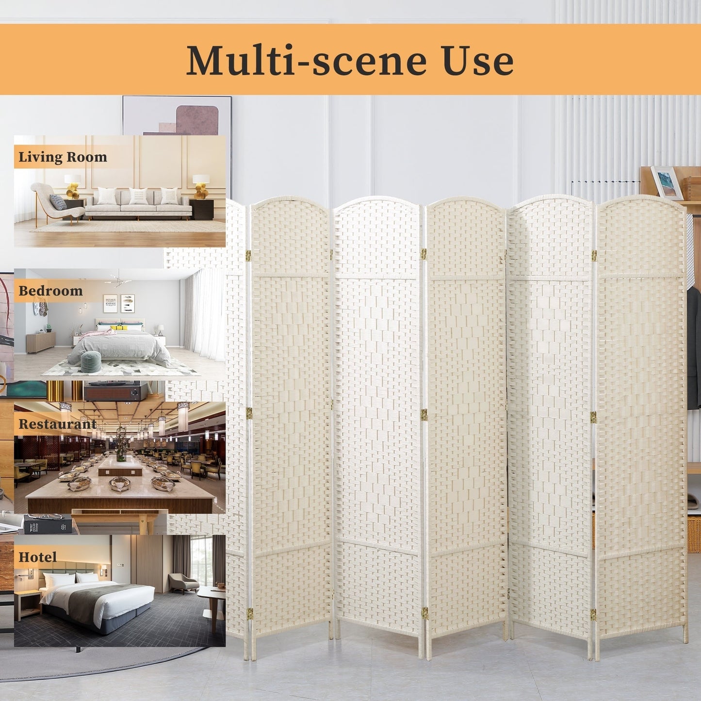Divisorio per ambienti, divisorio pieghevole in fibra intrecciata, alto 6 piedi, indipendente