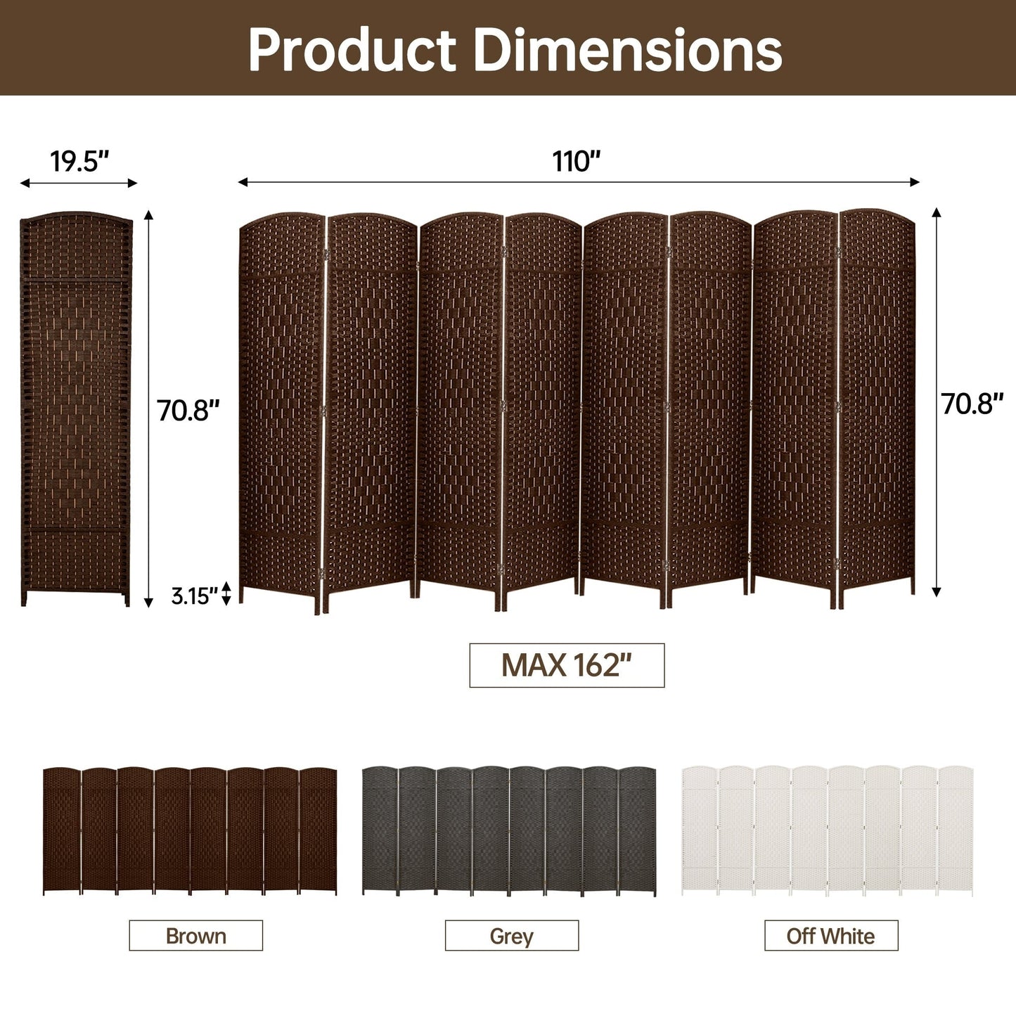 Divisorio per ambienti, divisorio pieghevole in fibra intrecciata, alto 6 piedi, indipendente