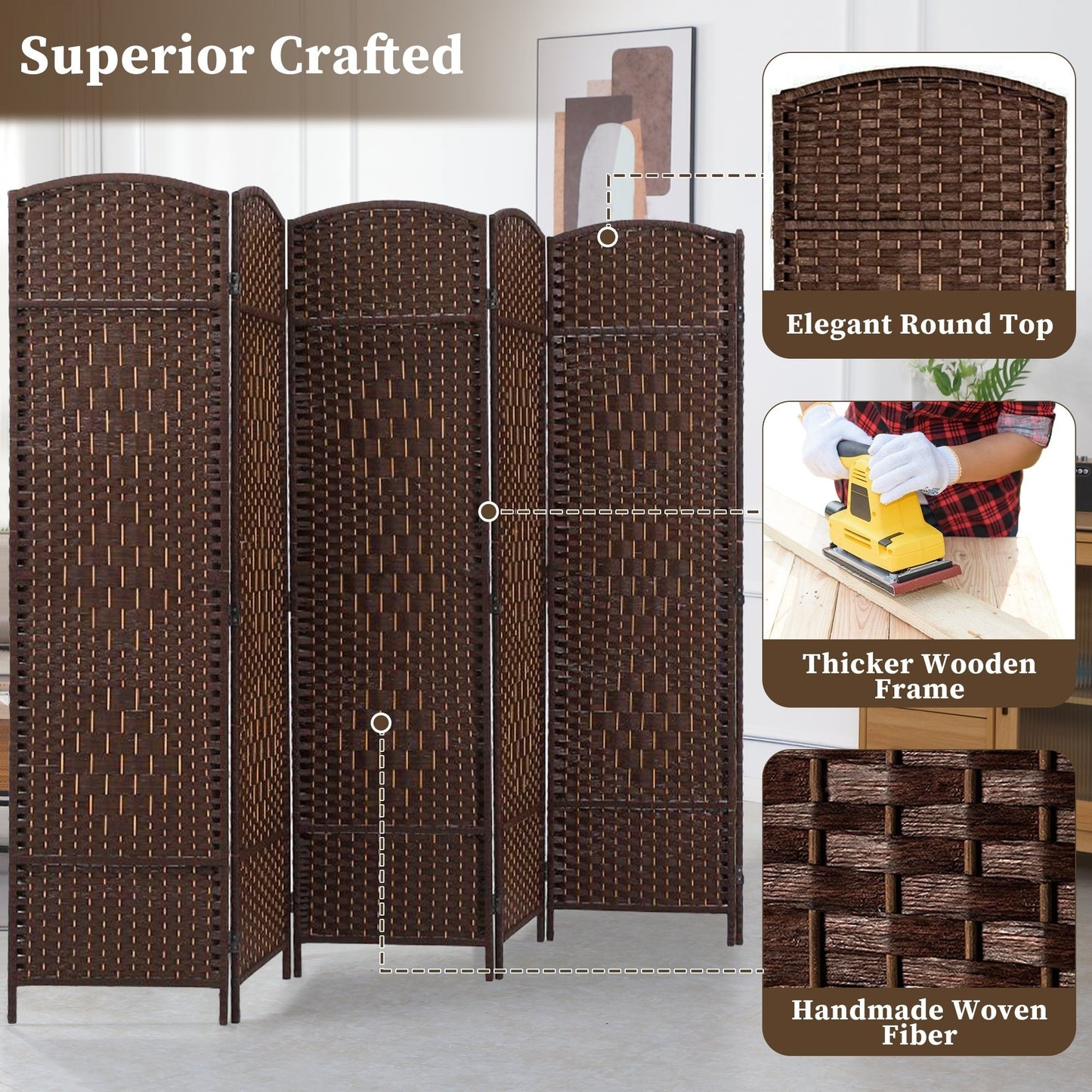 Divisorio per ambienti, divisorio pieghevole in fibra intrecciata, alto 6 piedi, indipendente