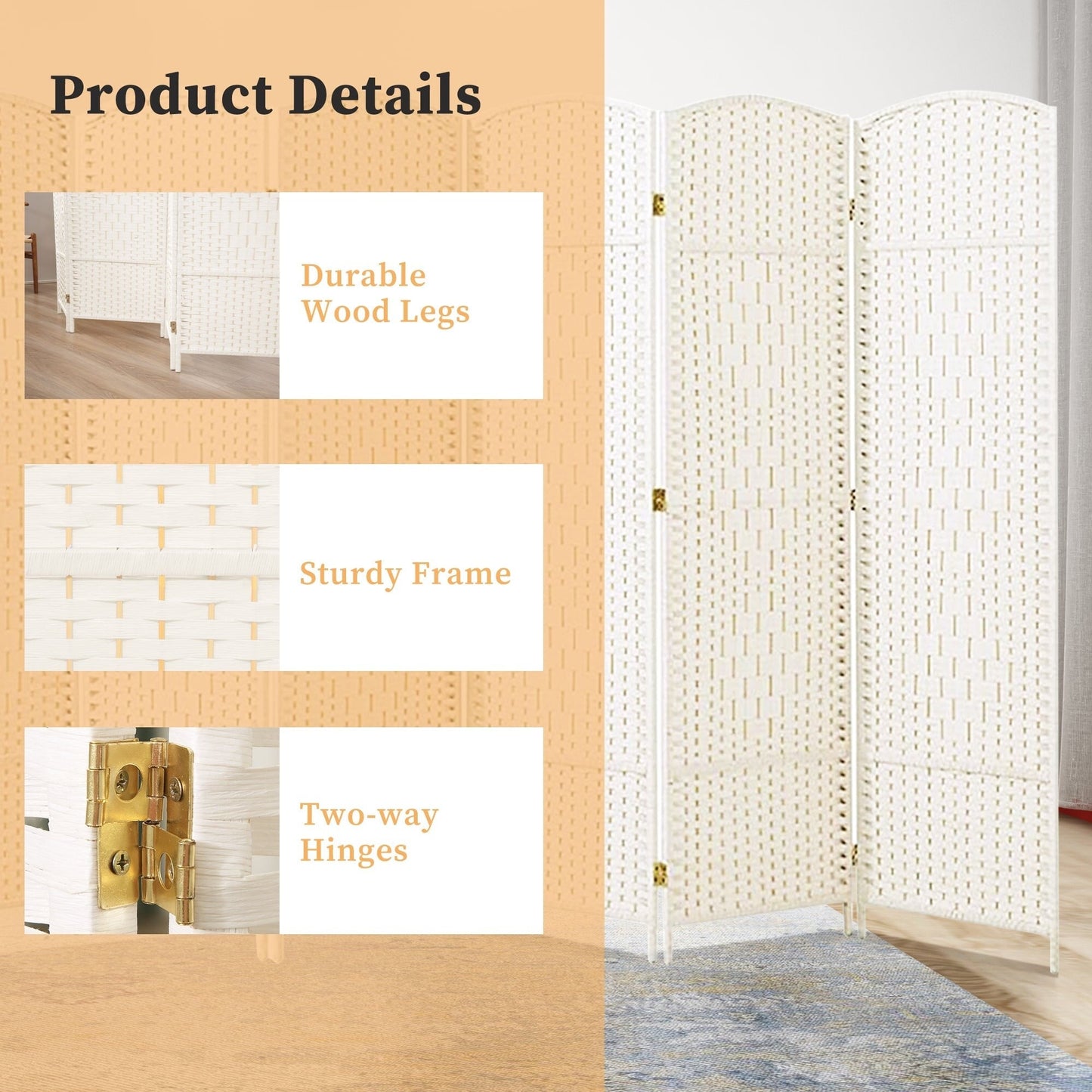 Divisorio per ambienti, divisorio pieghevole in fibra intrecciata, alto 6 piedi, indipendente
