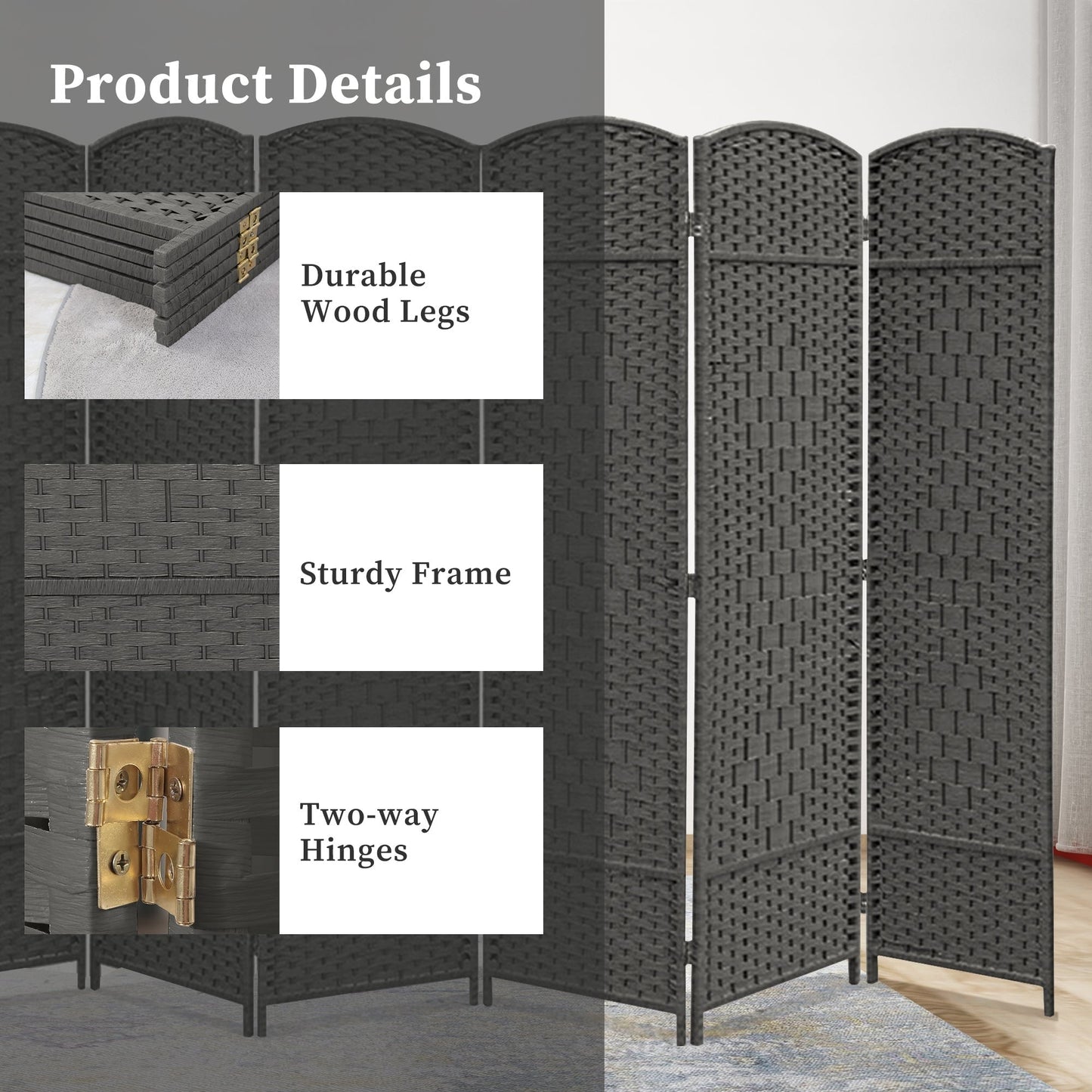 Divisorio per ambienti, divisorio pieghevole in fibra intrecciata, alto 6 piedi, indipendente