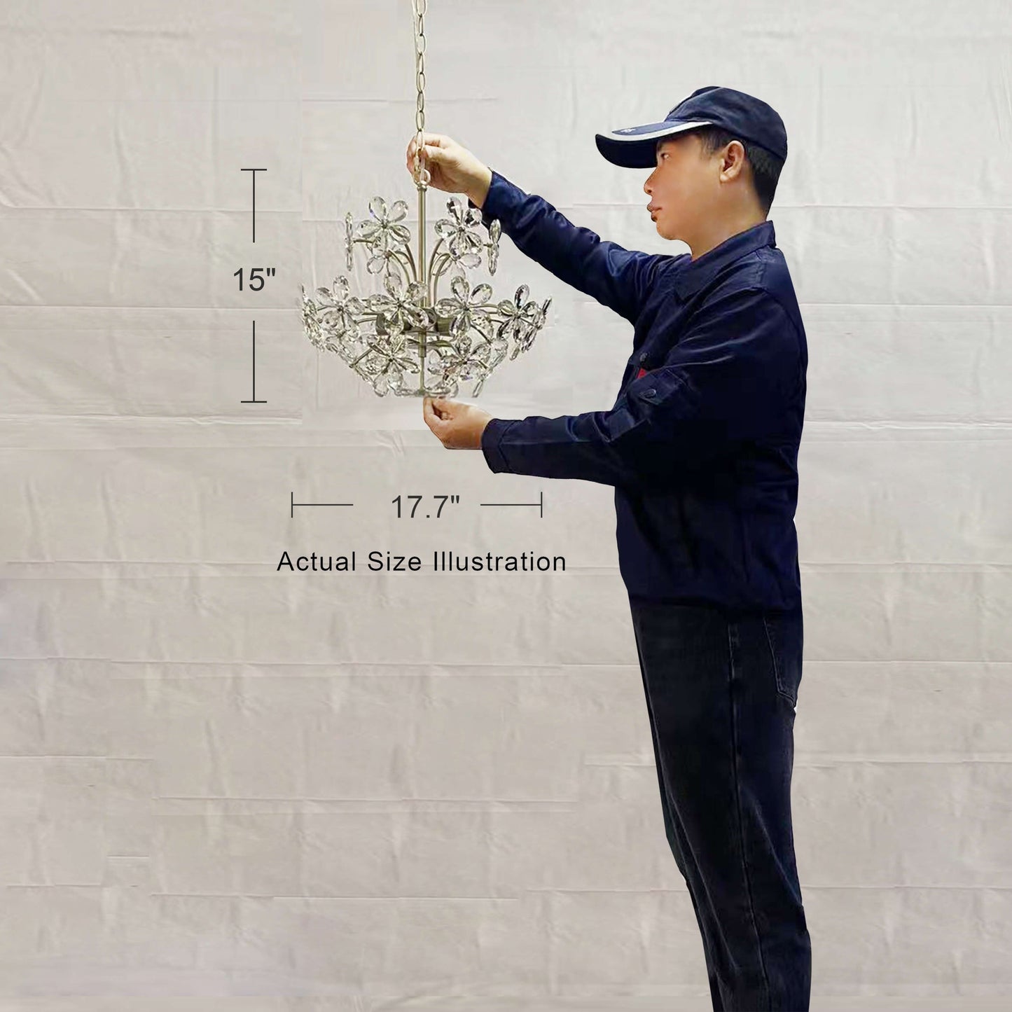 Lampadario in cristallo a 6 luci Rosa color argento spazzolato e champagne