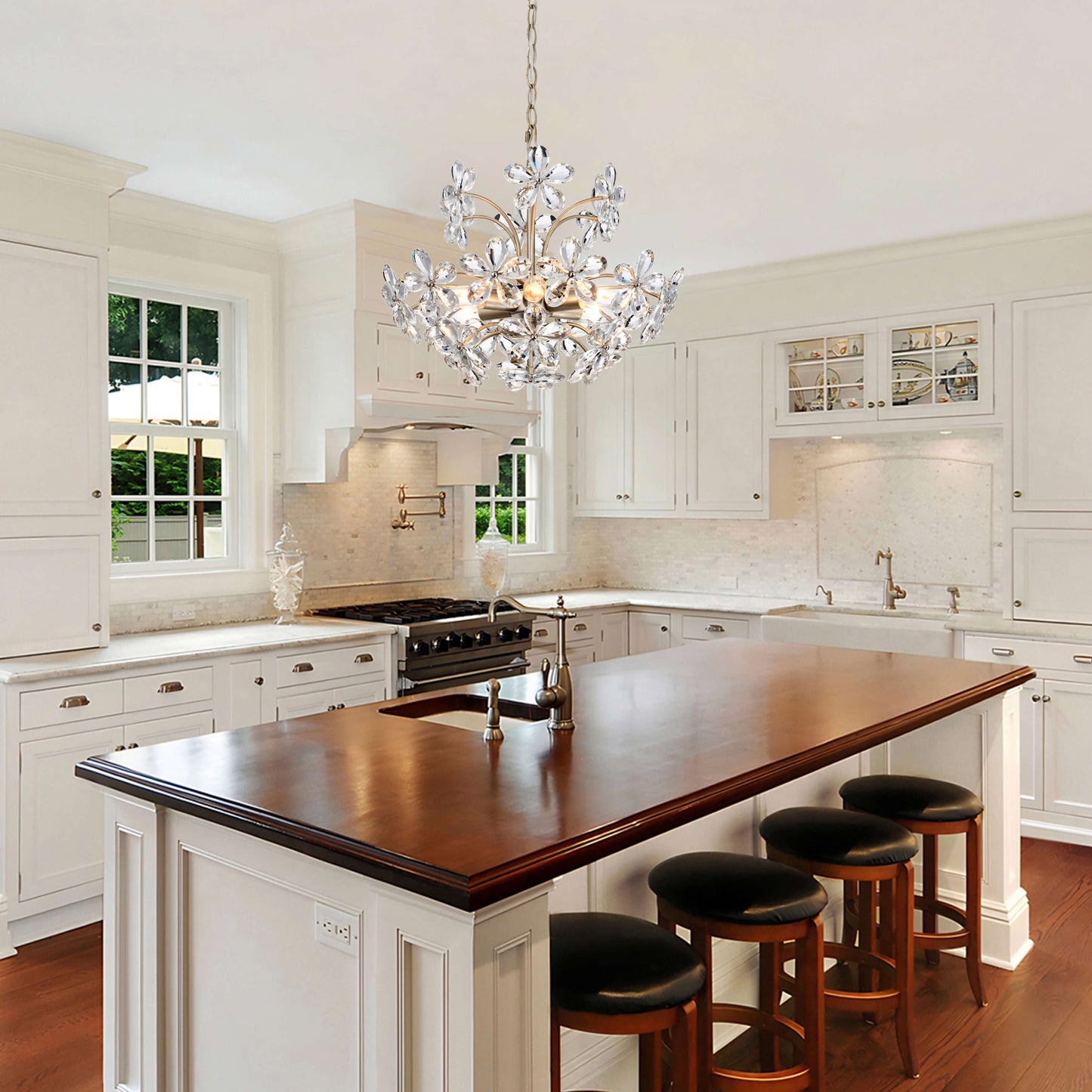 Lampadario in cristallo a 6 luci Rosa color argento spazzolato e champagne