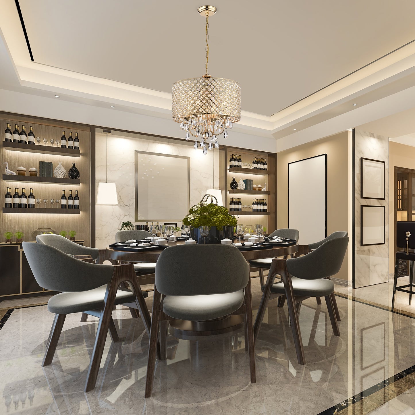 Lampadario a tamburo con perline rotonde e cristalli pendenti