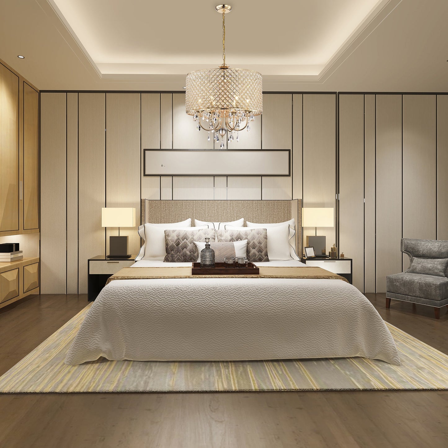 Lampadario a tamburo con perline rotonde e cristalli pendenti