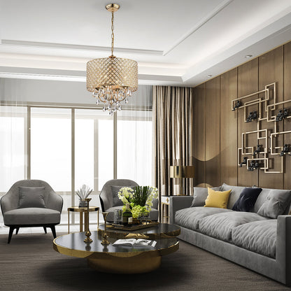 Lampadario a tamburo con perline rotonde e cristalli pendenti