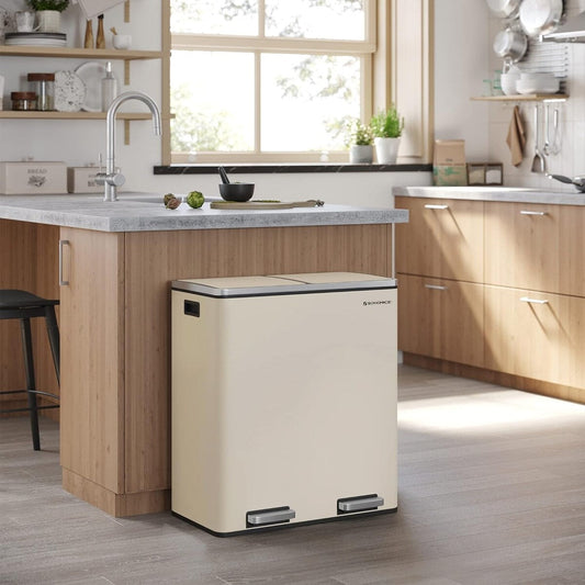 Pattumiera doppia SONGMICS, pattumiera in acciaio inox da 16 galloni, color mandorla