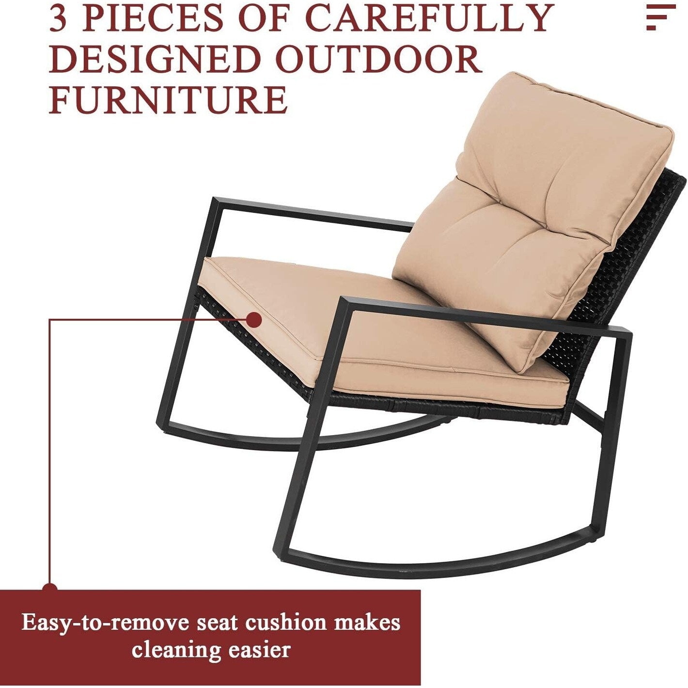 Set da bistrot a dondolo per patio da esterno in metallo nero SUNCROWN da 3 pezzi