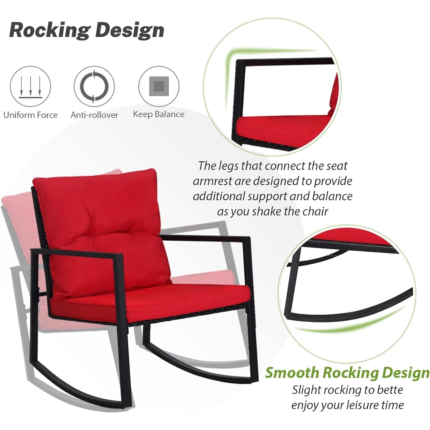 Set da bistrot a dondolo per patio da esterno in metallo nero SUNCROWN da 3 pezzi