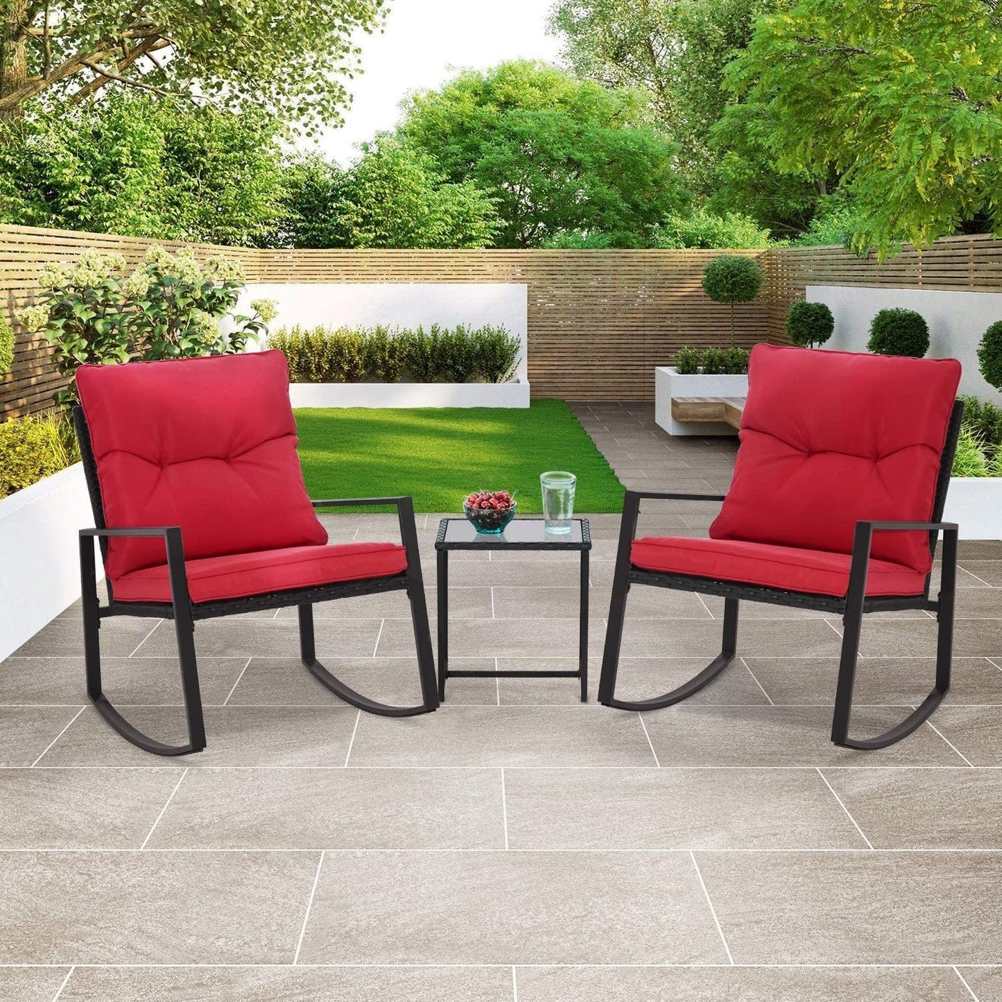 Set da bistrot a dondolo per patio da esterno in metallo nero SUNCROWN da 3 pezzi