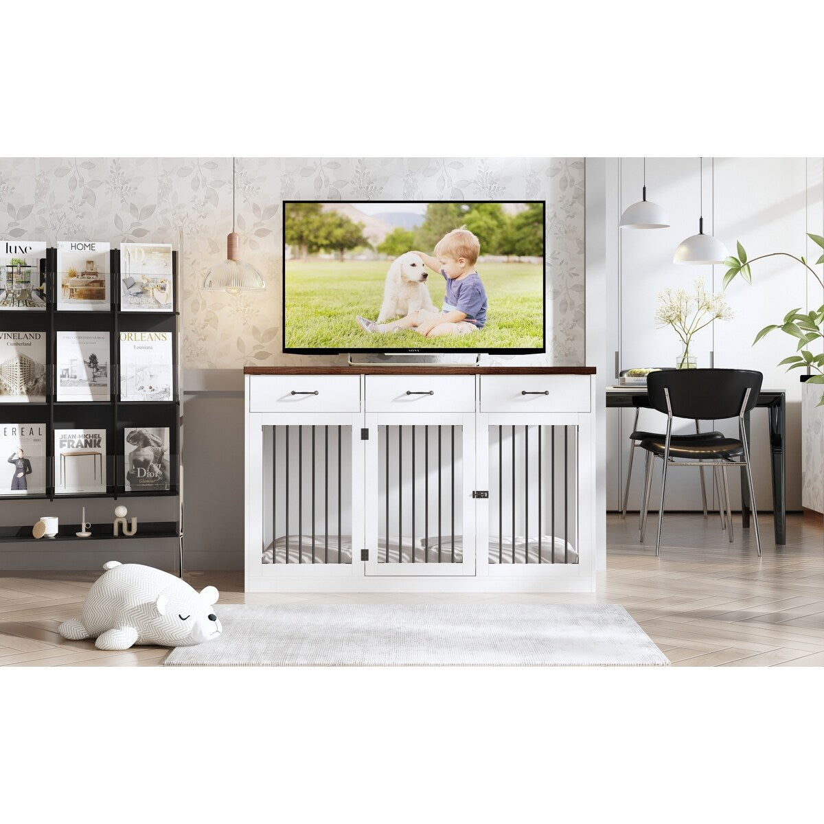 Elegante mobile in legno per cuccia per cani con contenitore, 3 cassetti