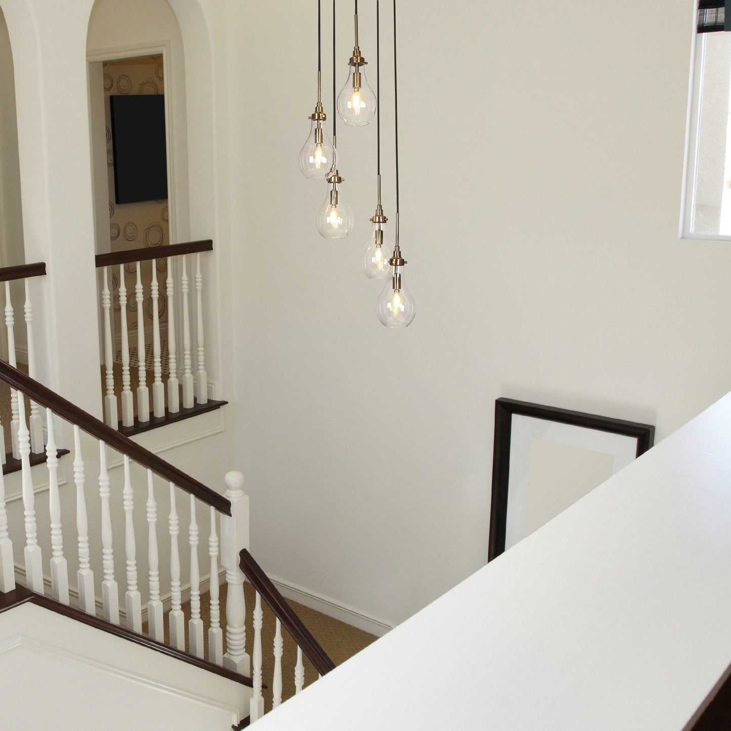 Lampadario moderno a goccia in vetro Synia a 5 luci per ingresso, scale e soffitti alti - D15'' x H18,2-74,2''