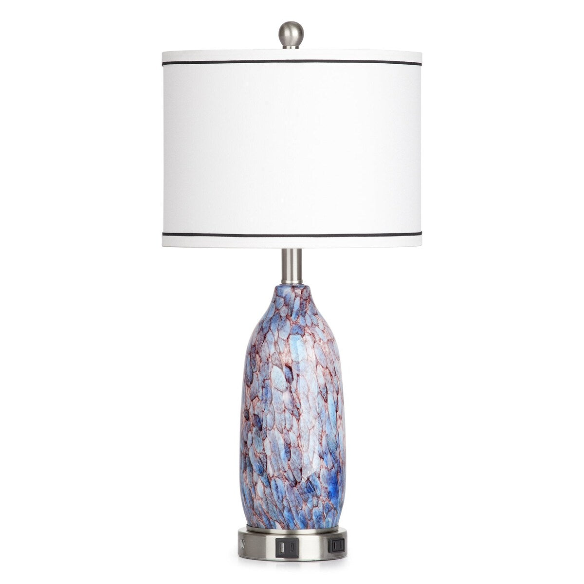 Lampada da tavolo con luce notturna 2 in 1, corpo lampada in vetro indaco, porte di ricarica, presa CA, paralume a tamburo, interruttore dimmer touch (set da 2)