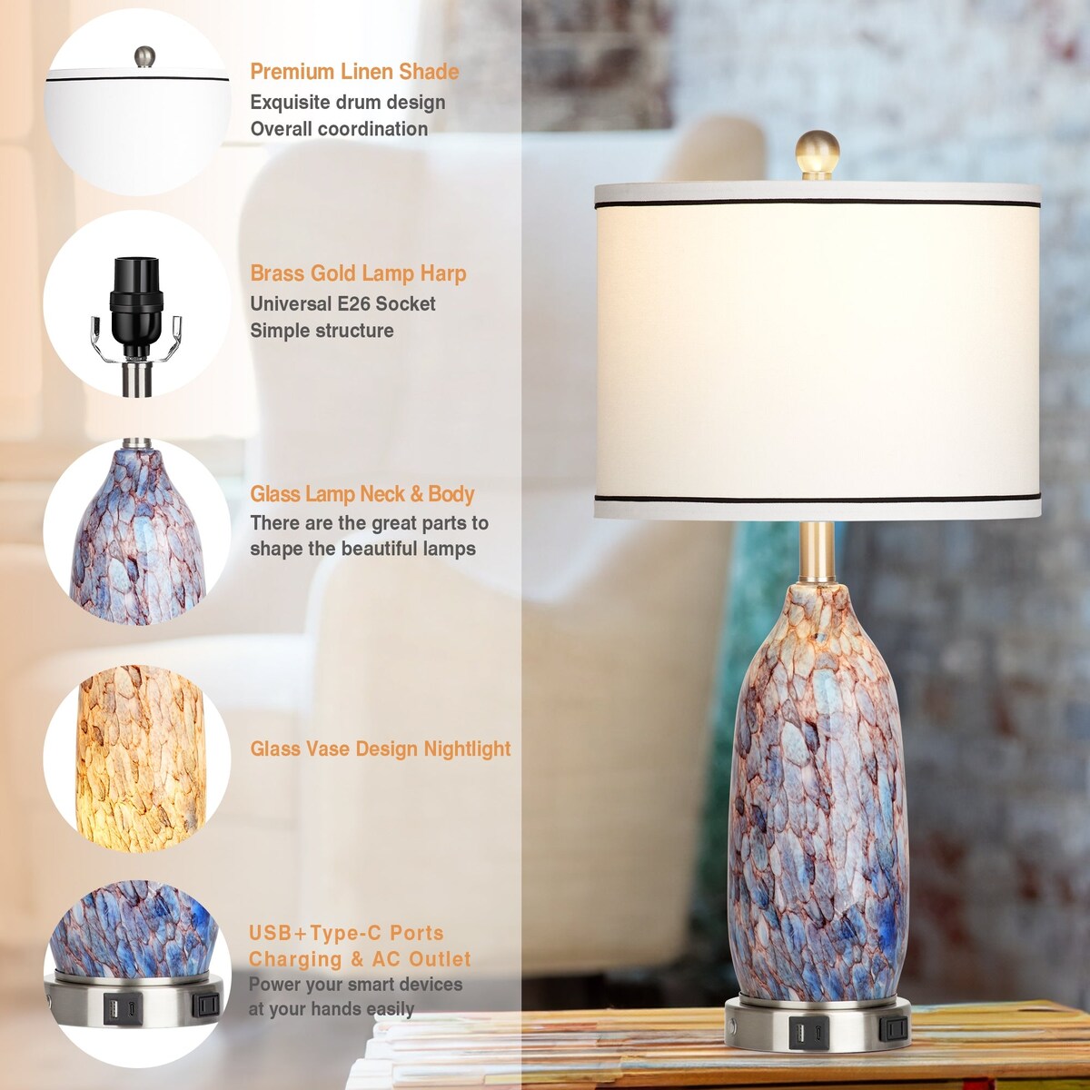 Lampada da tavolo con luce notturna 2 in 1, corpo lampada in vetro indaco, porte di ricarica, presa CA, paralume a tamburo, interruttore dimmer touch (set da 2)