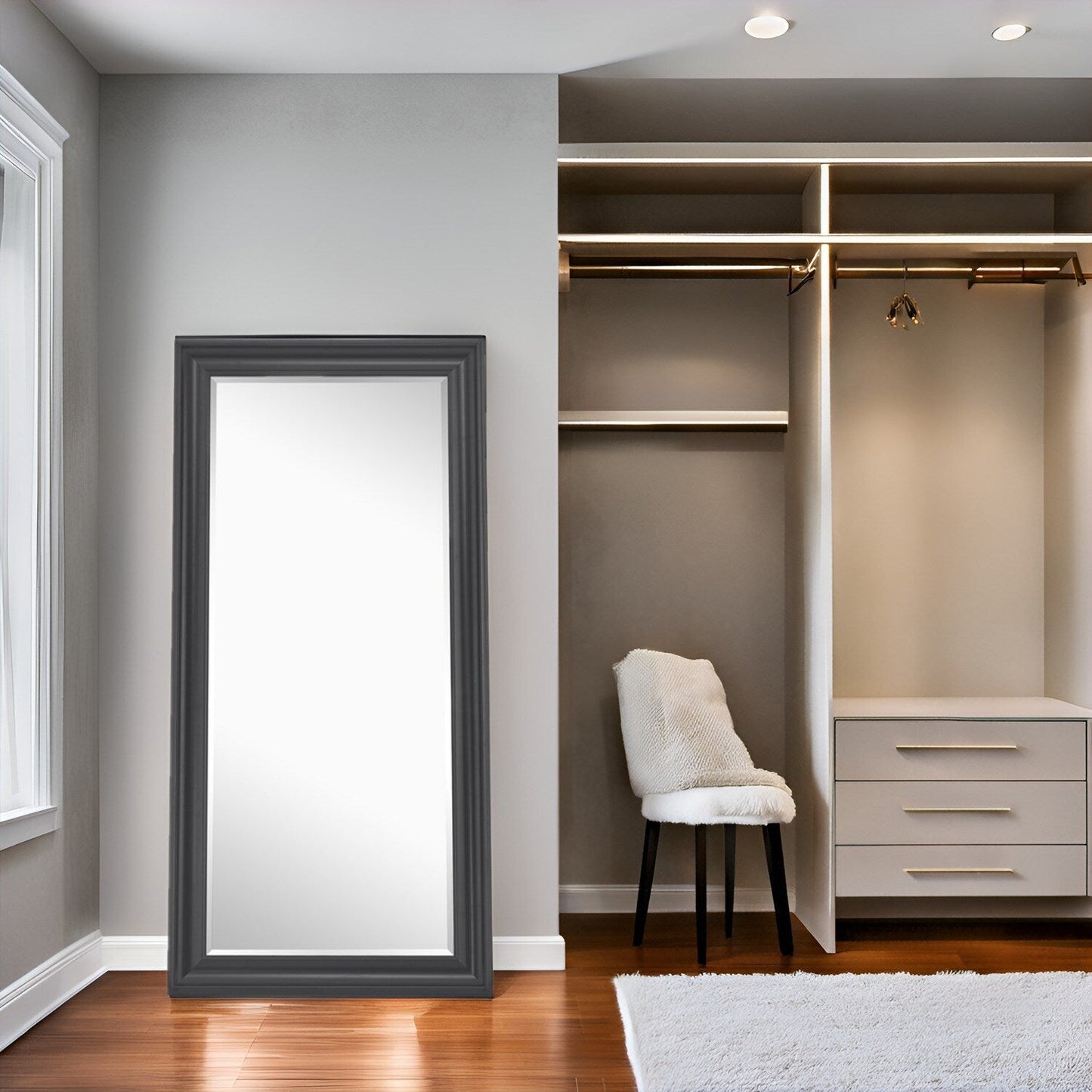 Specchio alto, specchio a figura intera, specchio di grandi dimensioni, cornice liscia in finto legno, specchio rettangolare da parete