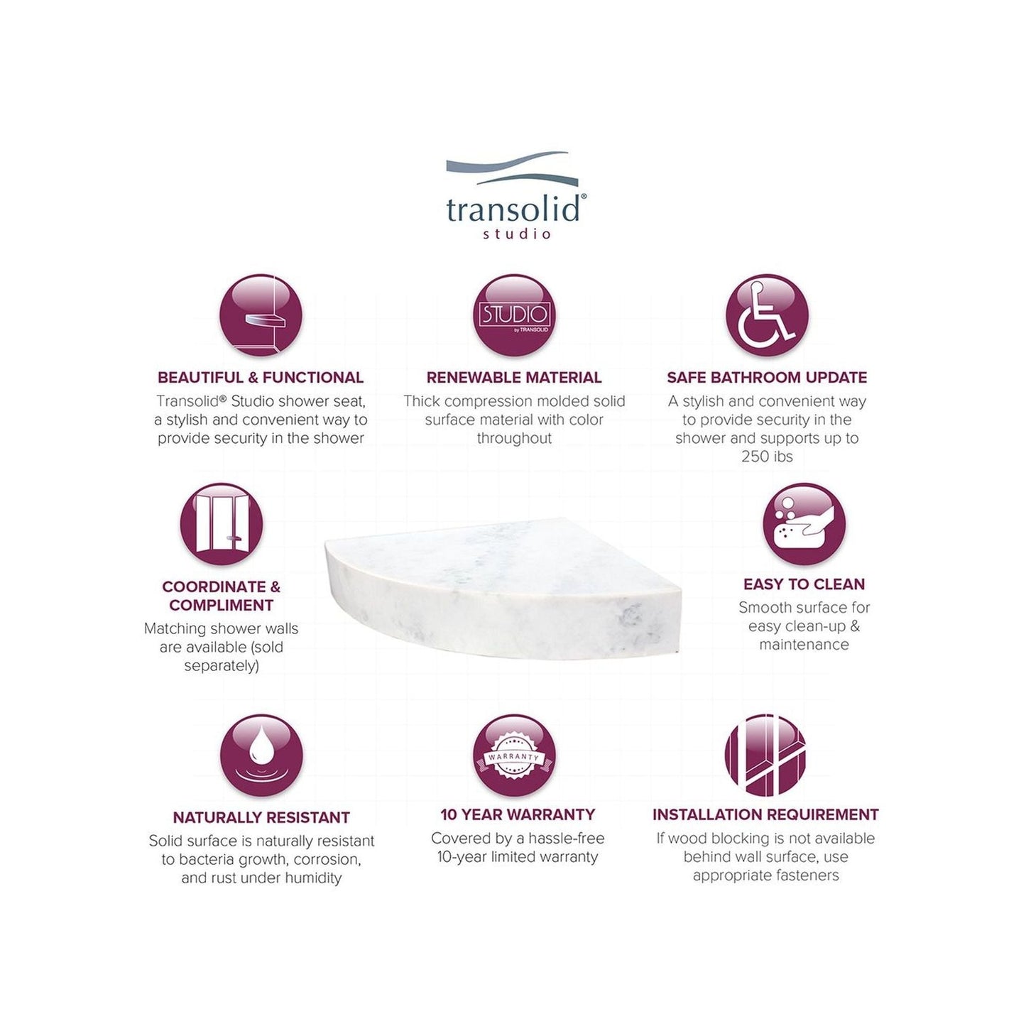 Sedile angolare per doccia Transolid Studio da 14 pollici x 14 pollici in superficie solida, montaggio a parete - 14,5 x 14,25 x 3