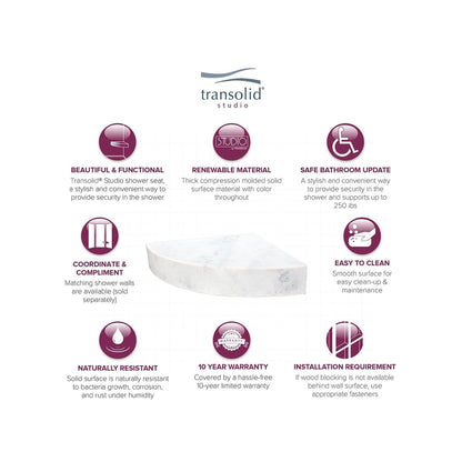 Sedile angolare per doccia Transolid Studio da 14 pollici x 14 pollici in superficie solida, montaggio a parete - 14,5 x 14,25 x 3