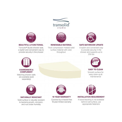 Sedile angolare per doccia Transolid Studio da 14 pollici x 14 pollici in superficie solida, montaggio a parete - 14,5 x 14,25 x 3