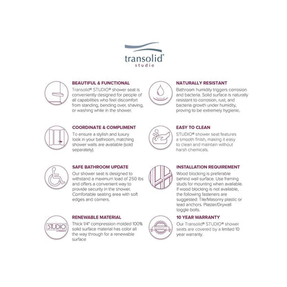 Sedile angolare per doccia Transolid Studio da 14 pollici x 14 pollici in superficie solida, montaggio a parete - 14,5 x 14,25 x 3
