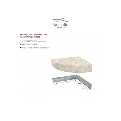 Sedile angolare per doccia Transolid Studio da 14 pollici x 14 pollici in superficie solida, montaggio a parete - 14,5 x 14,25 x 3