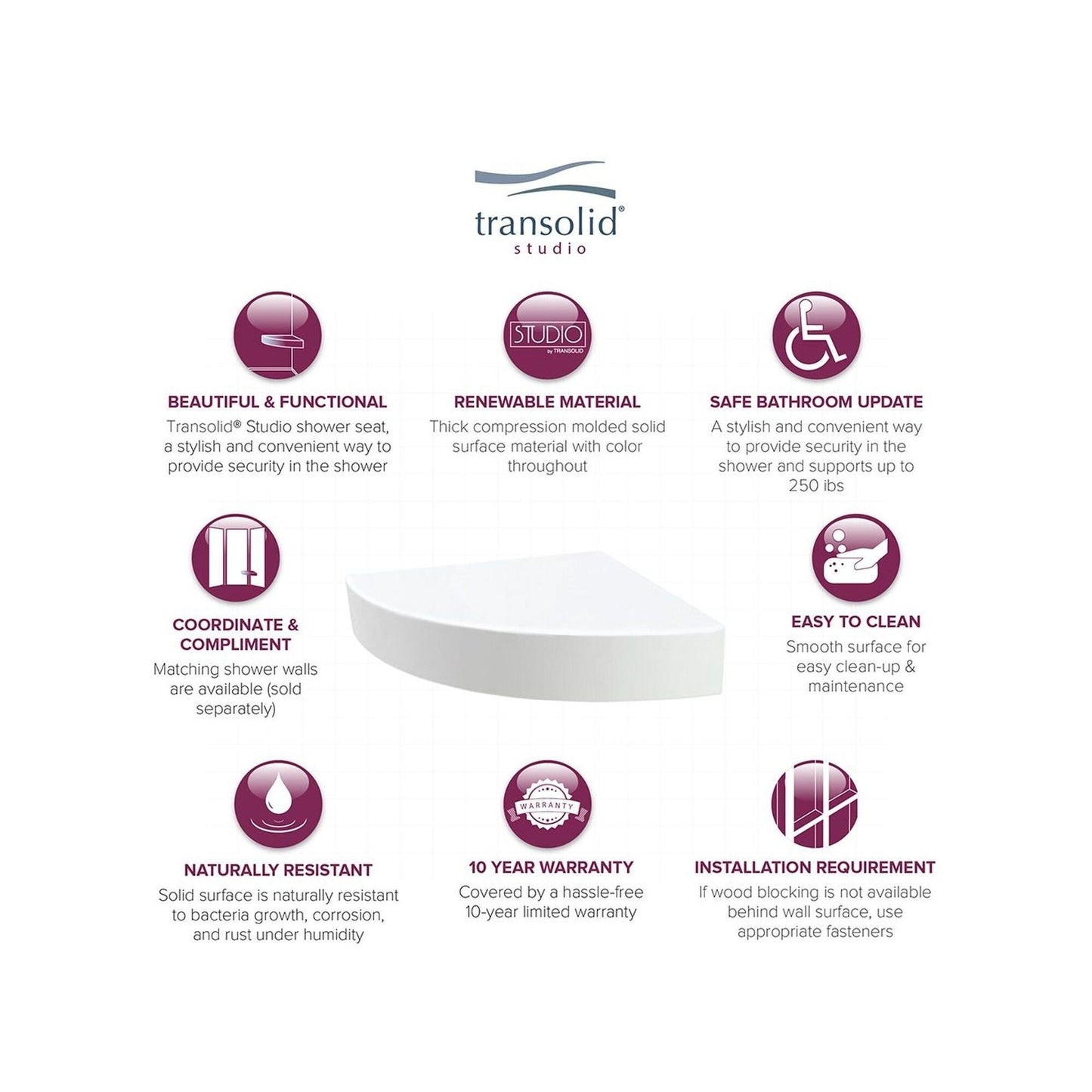 Sedile angolare per doccia Transolid Studio da 14 pollici x 14 pollici in superficie solida, montaggio a parete - 14,5 x 14,25 x 3