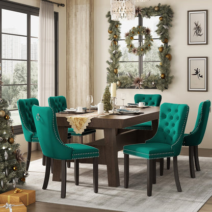 Sedia da pranzo imbottita in velluto trapuntato con gambe in legno massello, set da 6