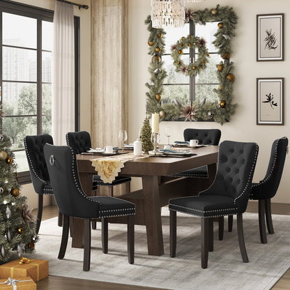 Sedia da pranzo imbottita in velluto trapuntato con gambe in legno massello, set da 6