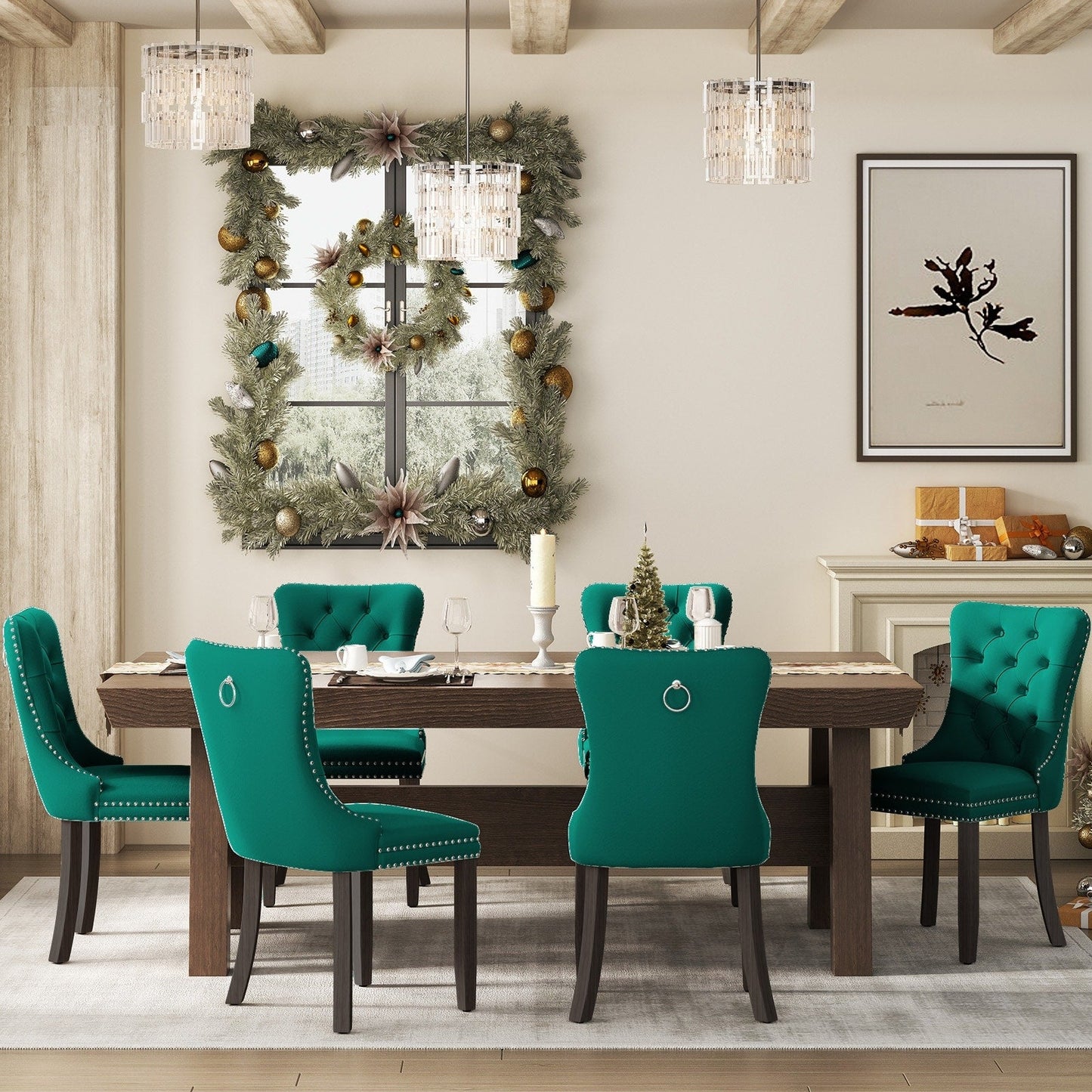 Sedia da pranzo imbottita in velluto trapuntato con gambe in legno massello, set da 6