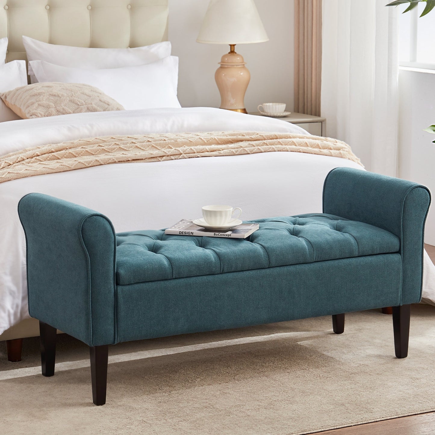 Panca contenitore imbottita, panca con braccioli, panca d'ingresso con piano ribaltabile trapuntato, 50,4 pollici