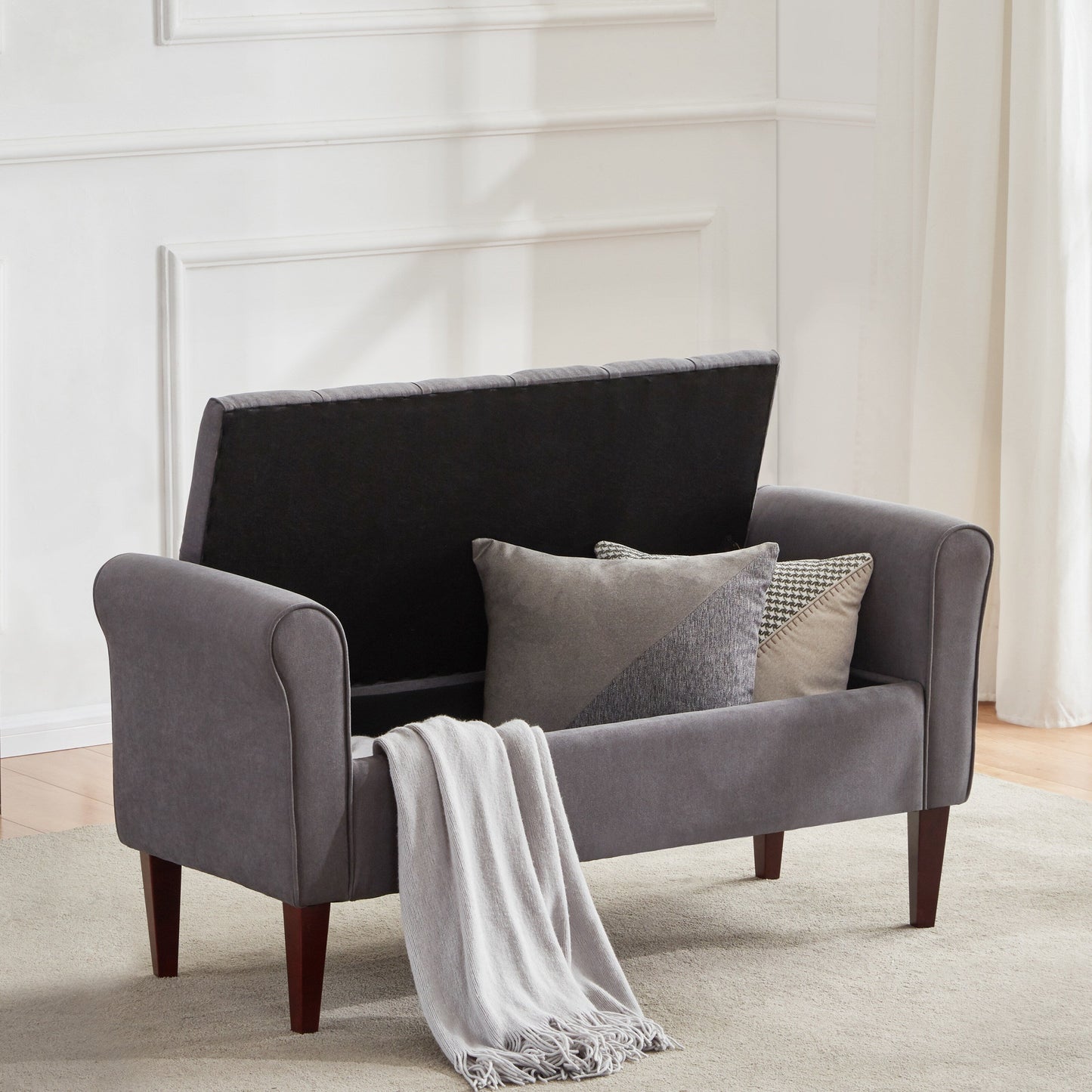 Panca contenitore imbottita, panca con braccioli, panca d'ingresso con piano ribaltabile trapuntato, 50,4 pollici