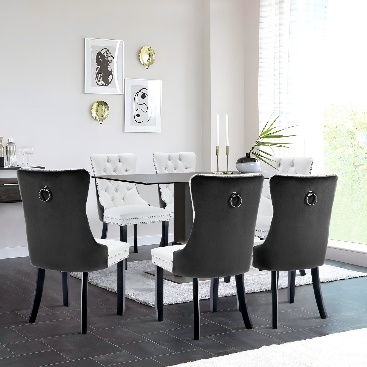 Sedia da pranzo imbottita in velluto trapuntato con gambe in legno massello, set da 6