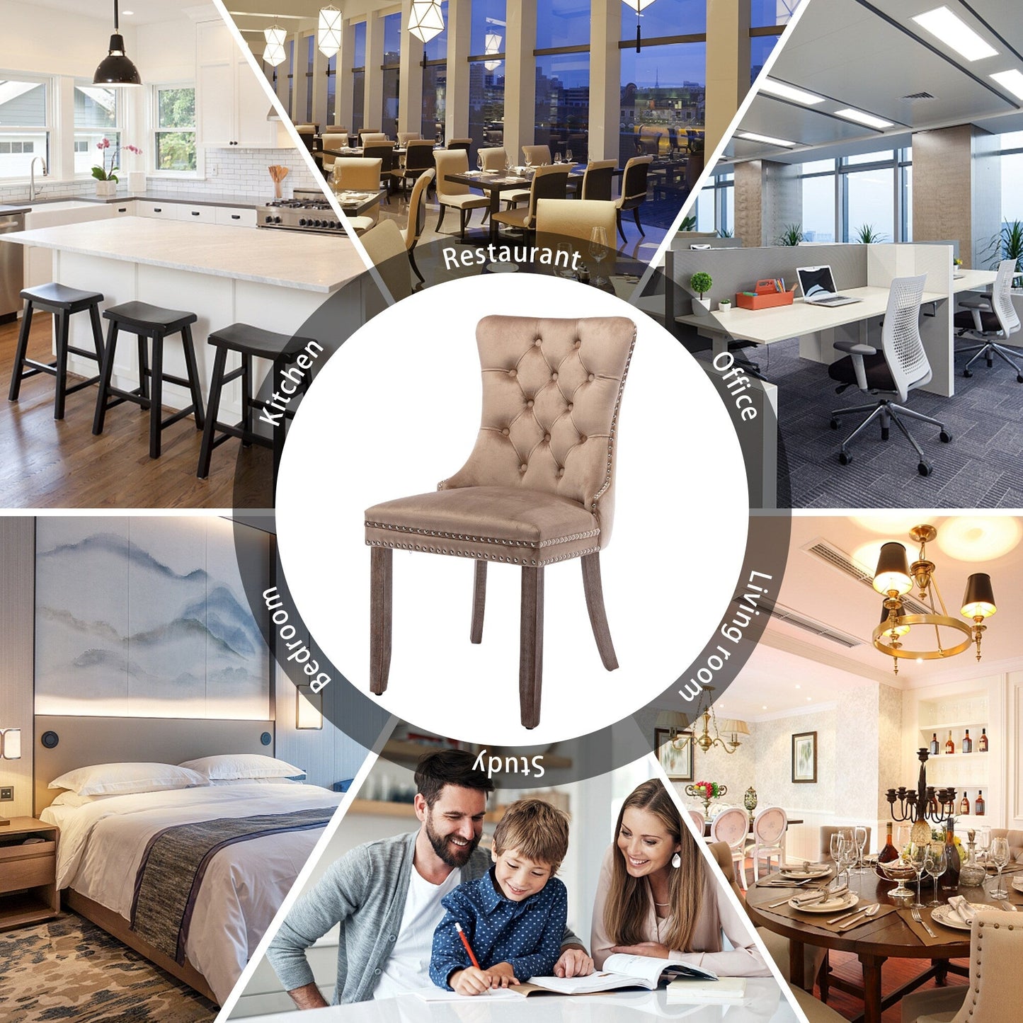 Sedia da pranzo imbottita in velluto trapuntato con gambe in legno massello, set da 6