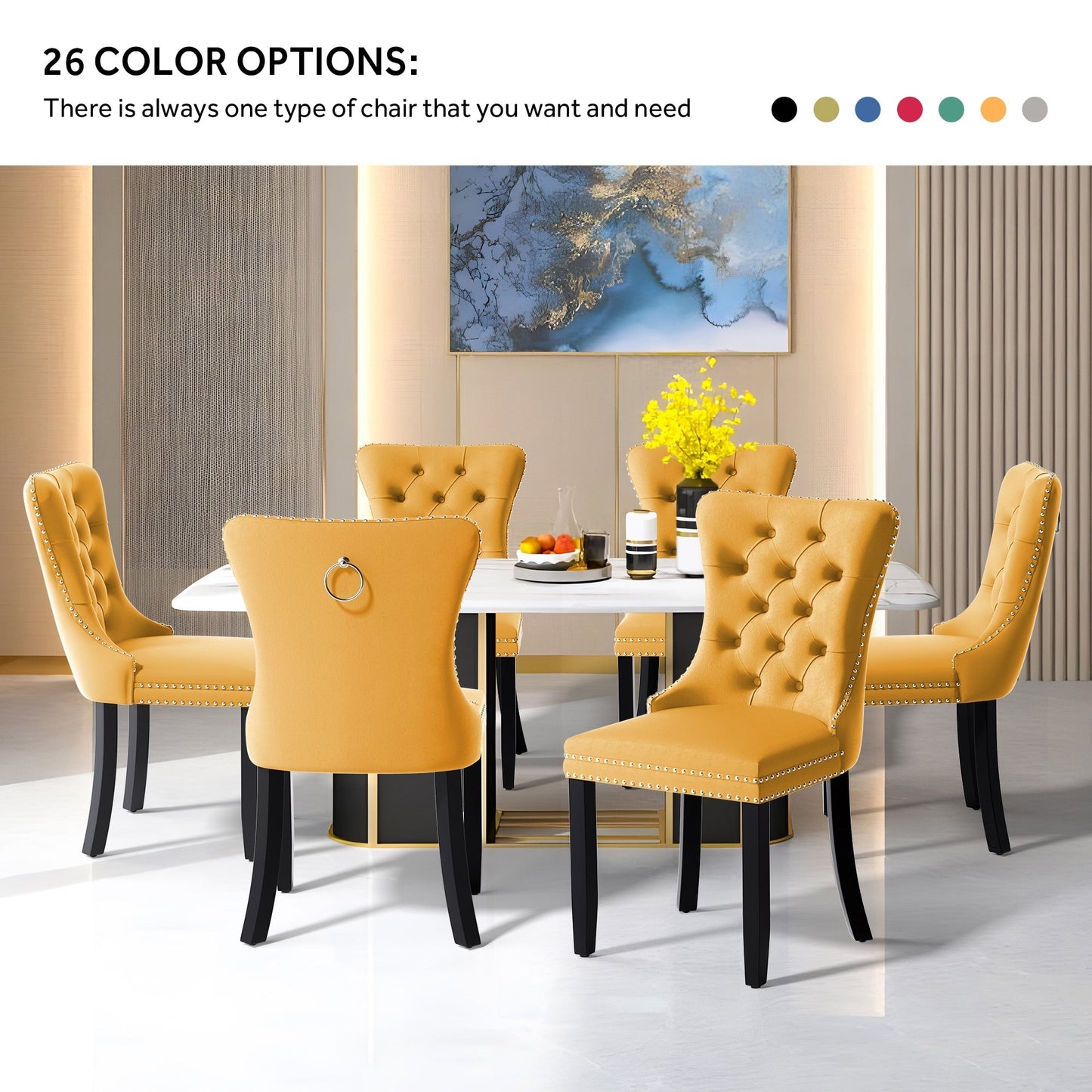 Sedia da pranzo imbottita in velluto trapuntato con gambe in legno massello, set da 6