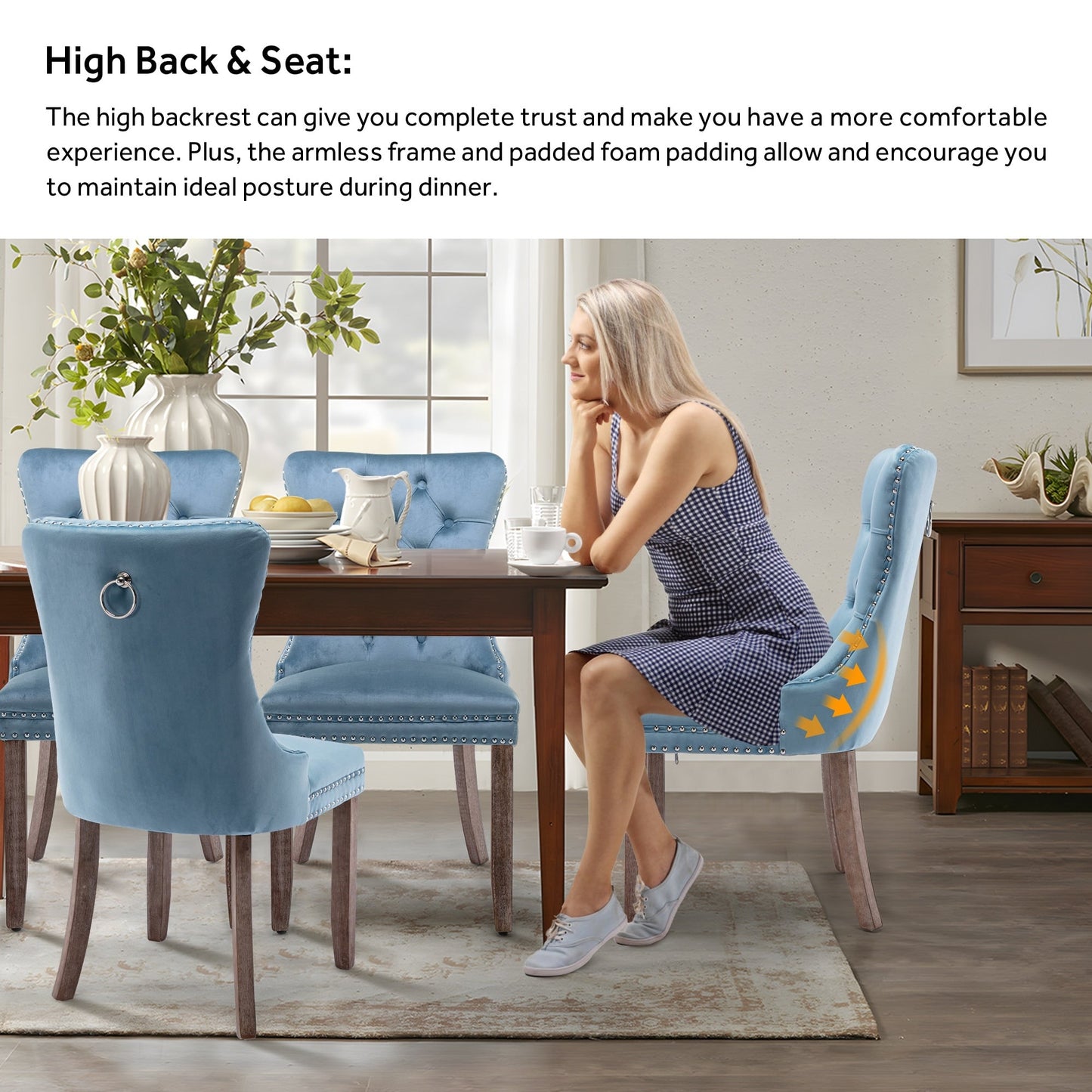 Sedia da pranzo imbottita in velluto trapuntato con gambe in legno massello, set da 6