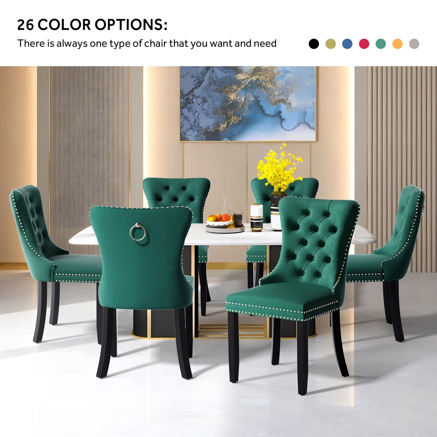 Sedia da pranzo imbottita in velluto trapuntato con gambe in legno massello, set da 6