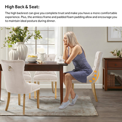 Sedia da pranzo imbottita in velluto trapuntato con gambe in legno massello, set da 6