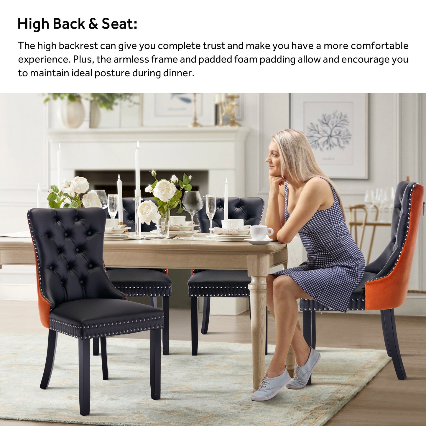 Sedia da pranzo imbottita in velluto trapuntato con gambe in legno massello, set da 6