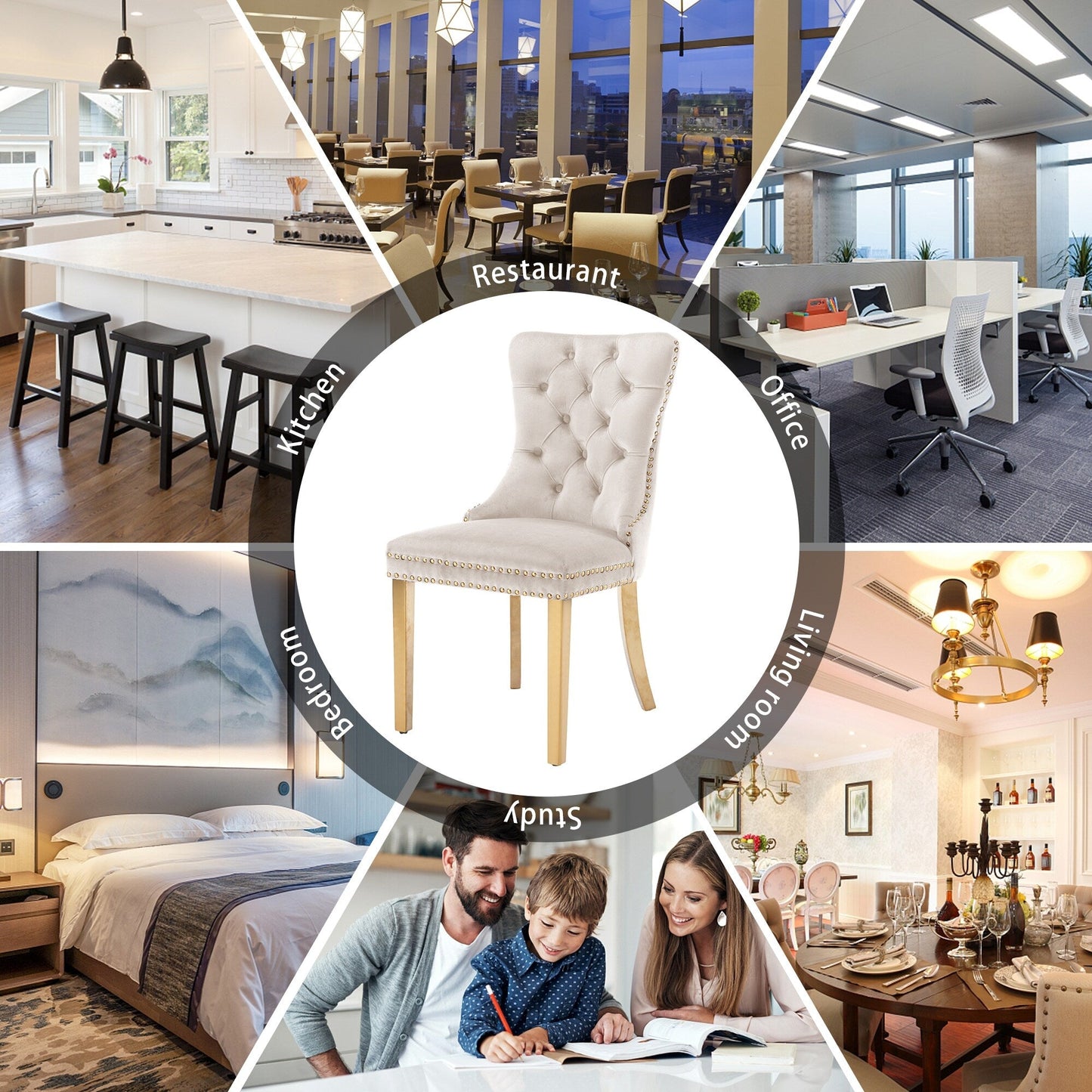 Sedia da pranzo imbottita in velluto trapuntato con gambe in legno massello, set da 6