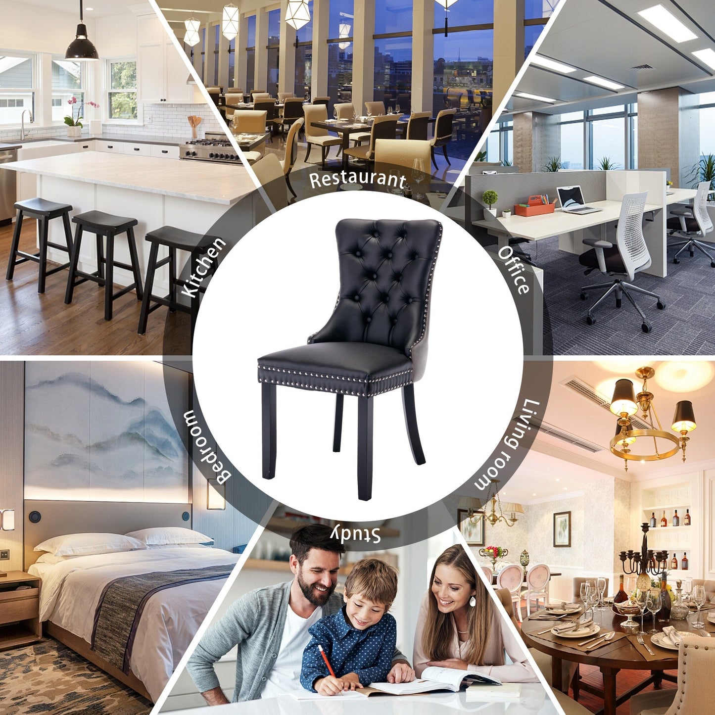 Sedia da pranzo imbottita in velluto trapuntato con gambe in legno massello, set da 6