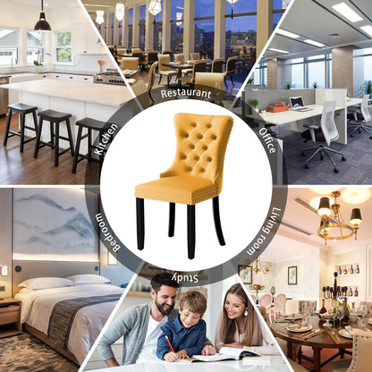 Sedia da pranzo imbottita in velluto trapuntato con gambe in legno massello, set da 6